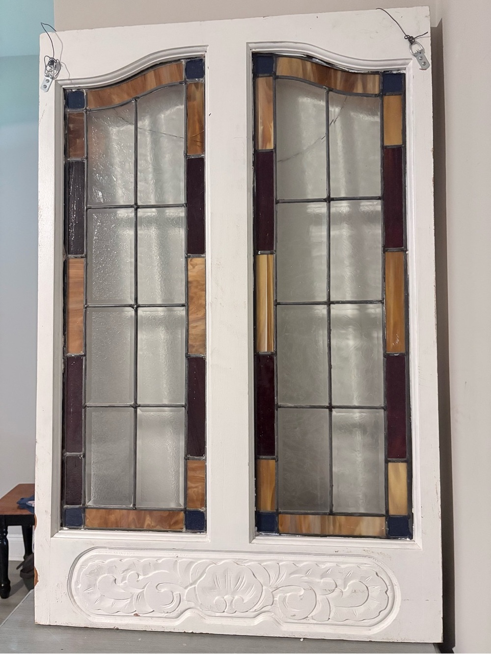 Stained Glass Wall Panel in White Frame - Amber, Burgundy, Blue Accents
